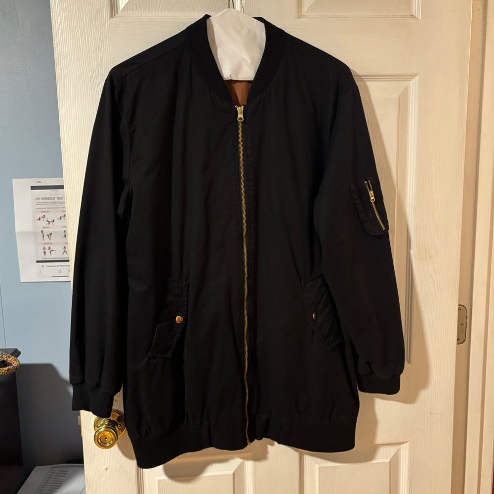 Love Tree Long Black Bomber Jacket with Copper Satin Lining and Gold Zippers L